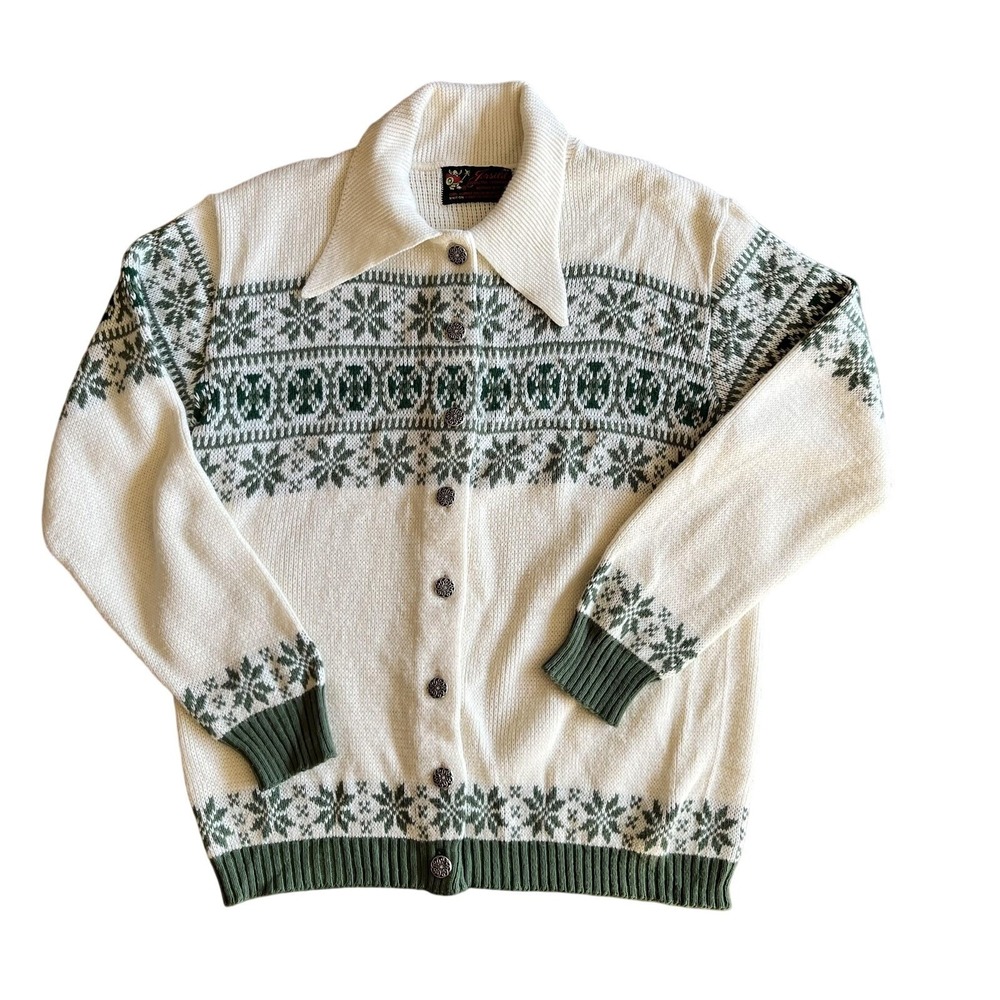 Vintage Jersild Sweater Cardigan Mens Large‎ White Green Ski Fair Isle USA